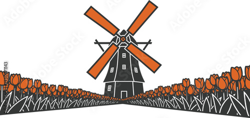 Dutch windmill with orange sails in blooming tulip field