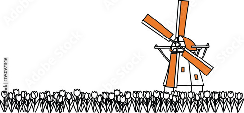 Dutch windmill with orange sails in blooming tulip field