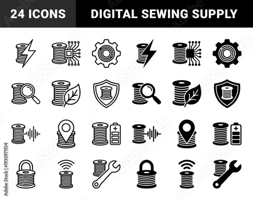 Hybrid spool of thread icons merging industrial textile manufacturing with smart technology features like location tracking power and security