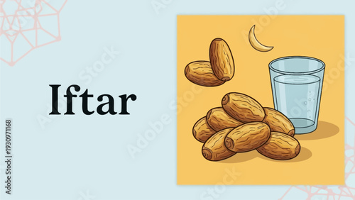 A serene illustration of dates and a glass of water, symbolizing iftar, viewed from a slightly elevated perspective on a simple background