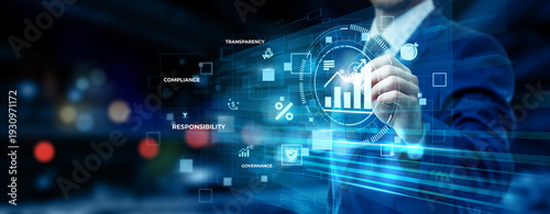 Businessman pointing at accountability management technology on futuristic digital interface screen, corporate governance, compliance monitoring, business ethics, risk control concept