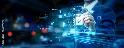 Businessman pointing at digital agenda planning technology on futuristic digital interface screen, business schedule management, strategic planning, workflow organization concept