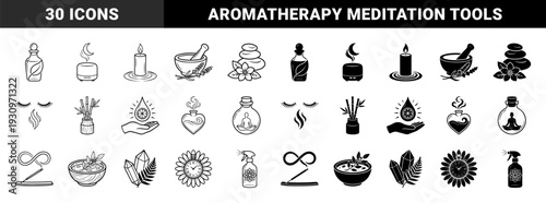 Holistic wellness and aromatherapy hybrid symbols featuring essential oil bottles with leaves incense smoke infinity loops and meditating figures