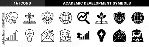 Hybrid business growth and education symbols featuring merged concepts like lightbulb gear book plant and factory cap in line and solid styles