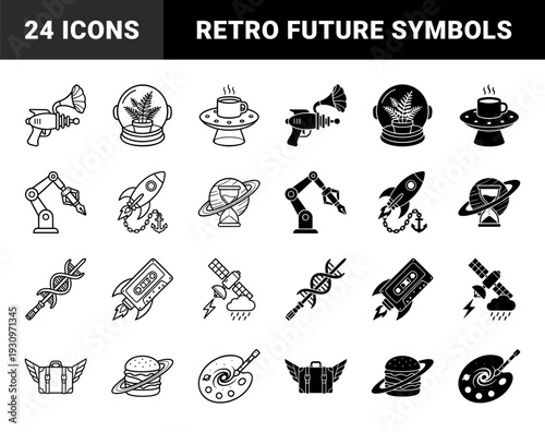 Black and white surreal hybrid symbols merging everyday objects with retro space and science fiction elements in outline and solid styles