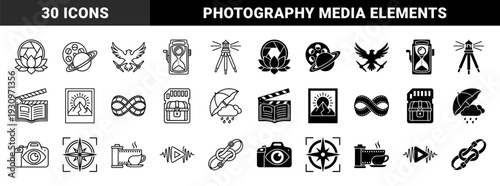 Hybrid cinematography and photography symbols merging film production elements with nature and travel metaphors in outline and solid styles