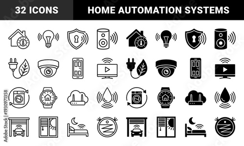 Smart home automation line and solid icons featuring hybrid IoT symbols for energy management security climate control and wireless appliance monitoring