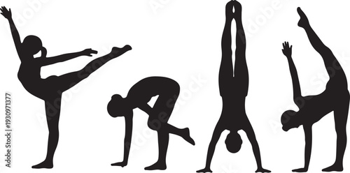 Four black female silhouettes demonstrating strength and flexibility in multiple gymnastic poses