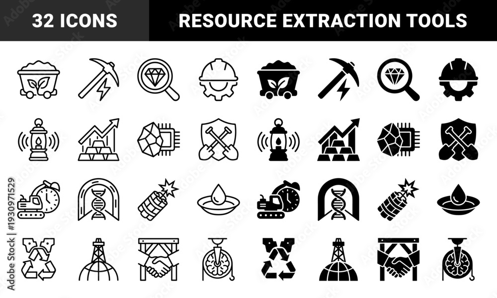 Fototapeta premium Hybrid Mining and Industrial Energy Extraction Icons Combining Natural Resources with Sustainable Technology and Heavy Equipment Symbols in Dual Outline and Solid Styles