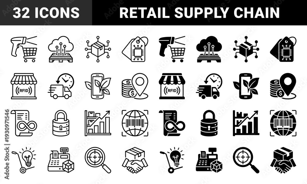 Fototapeta premium Retail Supply Chain and Logistics Management Symbols Featuring Hybrid Concepts for Smart Warehousing Inventory Tracking and Sustainable Commerce