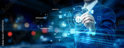 Foto Businessman pointing at change management technology on futuristic digital inter