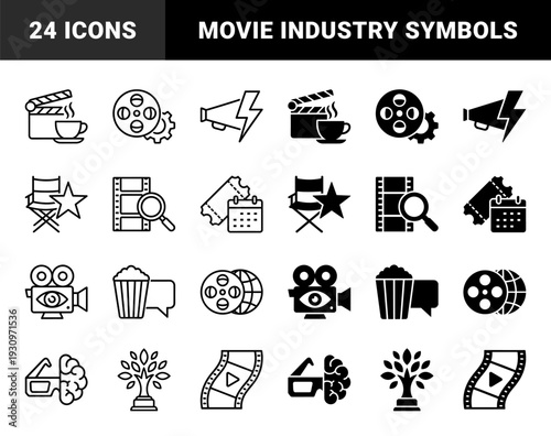 Hybrid cinema and film production icons merging movie elements with coffee break clapperboards magnifying glass film strips and drone cameras
