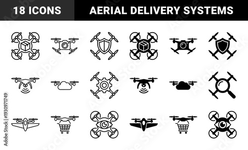 Black and white drone hybrid symbols combining unmanned aerial vehicles with delivery boxes security shields cameras cloud storage and shopping carts
