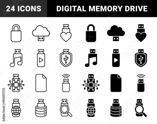 Hybrid storage icons merging universal serial bus connectors with security locks cloud database music notes and location markers in outline and solid styles