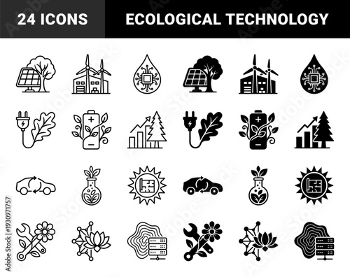 Hybrid ecological technology and sustainable energy concept symbols merging nature with industrial elements in dual outline and solid styles