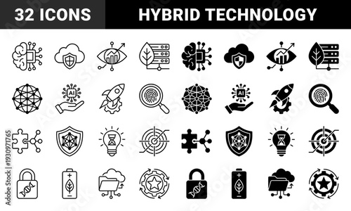 Hybrid technology and nature icons featuring organic circuitry brain green energy server storage and biometric security in line and solid styles