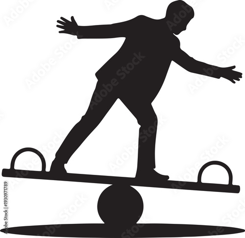 A businessman silhouette balances precariously on a seesaw indicating risk and stability challenges