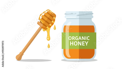 A wooden honey dipper dripping with golden honey next to a jar labeled organic honey on a clean white surface from a straightforward view