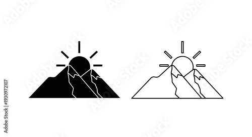 Sunrise and sunset landscape icons, vector mountain with sun illustration, sun peak art Vector