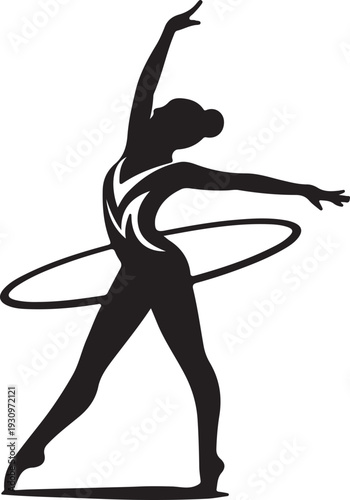 A graceful female rhythmic gymnast performs a dynamic routine with a hoop spinning around her waist