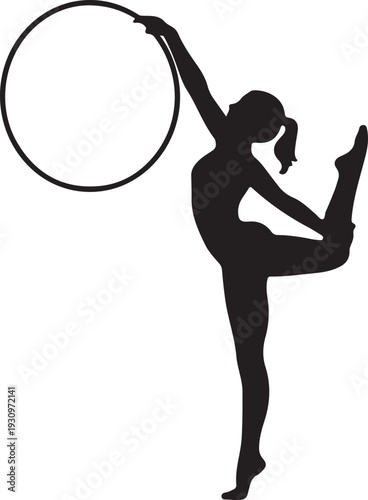 A graceful female rhythmic gymnast balances on one leg while elegantly holding a large hoop above her head