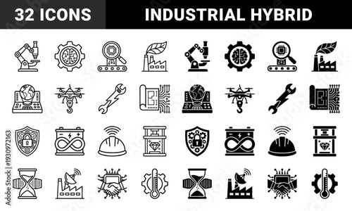 Hybrid industrial technology icons featuring integrated concepts like robotic microscopes factory leaves circuit blueprints and smart energy batteries