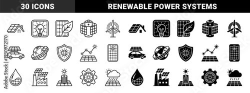 Sustainable energy hybrid icons featuring solar panel integration with residential houses electric vehicles industrial factories and planetary ecology