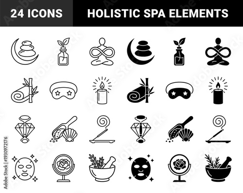 Holistic wellness and spa therapy hybrid icons featuring zen stones on crescent moon infinity yoga pose botanical essence vials and crystal face roller
