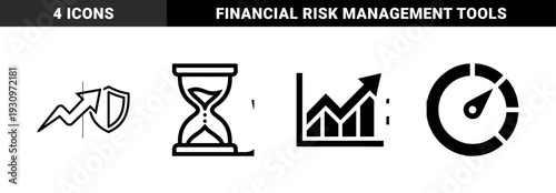 Hybrid business performance and risk management symbols featuring an arrow shield merger and integrated progress chart with hourglass time tracking