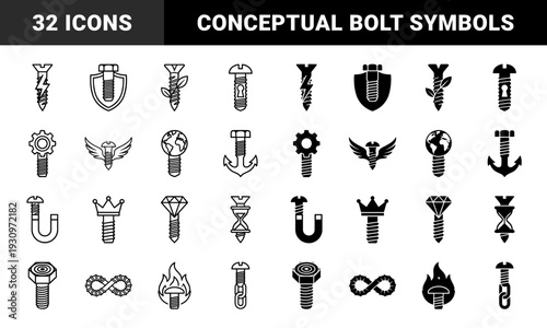 Collection of hybrid metal bolt and screw symbols merging hardware tools with conceptual metaphors like lightning flame globe and shield in outline and solid styles
