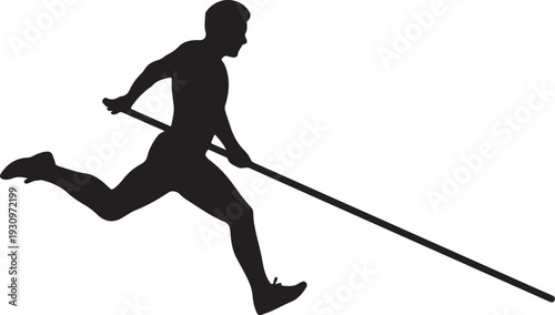 A male athlete sprints forward with a long pole, preparing for a powerful pole vault jump