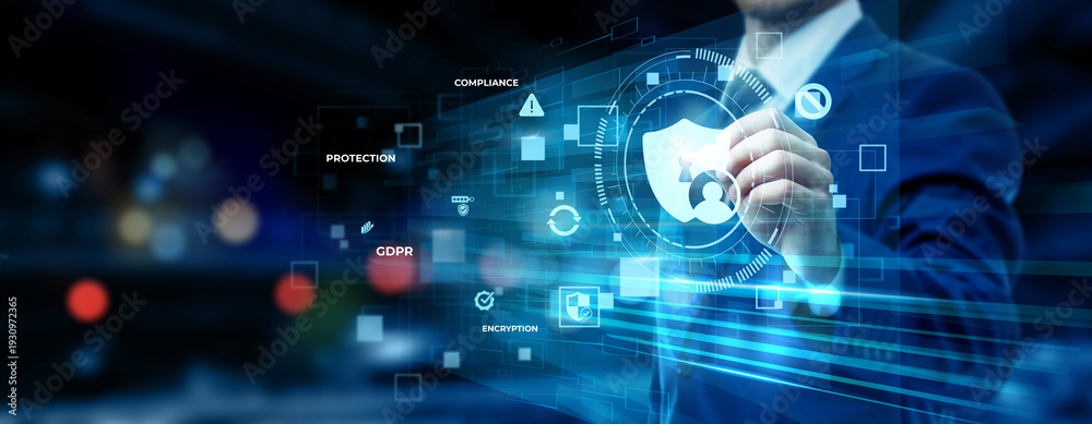 Fototapeta premium Businessman pointing at digital privacy technology on futuristic digital interface screen, data protection system, cybersecurity solution, user confidentiality management concept