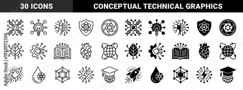 Scientific hybrid symbol collection featuring conceptual mergers of biotechnology dna strands neural networks organic leaves and aerospace engineering elements