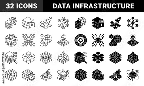Isometric hybrid data and technology symbols featuring servers combined with global networks security locks rockets and growth analytics in outline and solid styles