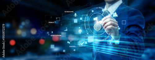Businessman pointing at digital planning technology on futuristic digital interface screen, business strategy system, project scheduling dashboard, workflow optimization concept