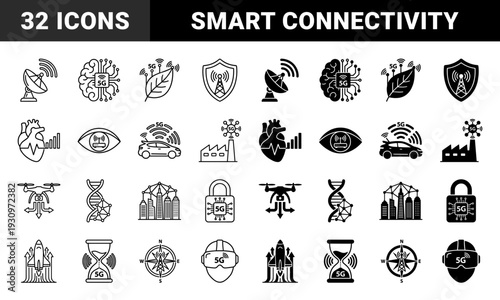 Hybrid 5G connectivity symbols merging telecommunication with biological systems industrial infrastructure smart transportation and digital security