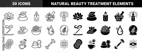 Minimalist Zen Wellness Concept Symbols Combining Holistic Healing Elements with Natural Botanical Motifs in Both Outline and Solid Glyph Styles