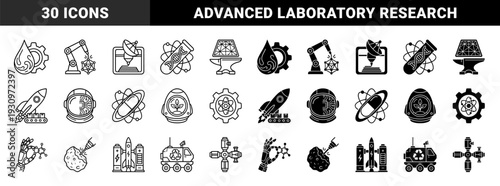 Black and white hybrid science icons featuring laboratory glassware with dna strands robotic arms with molecular structures and space exploration technology