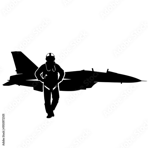 Silhouette of a Pilot and Fighter Jet on a Clean White Background in Profile.