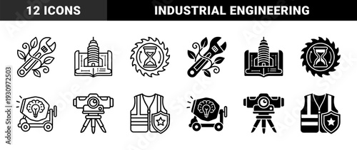 Construction and engineering icons merging industrial tools with conceptual metaphors like organic growth gears and architectural blueprints in outline and solid styles