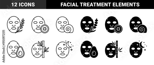 Facial sheet mask icons featuring natural skincare ingredients including lavender cucumber snail mucin avocado bamboo and night care moon symbols