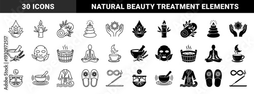 Wellness and Holistic Spa Therapy Line and Silhouette Symbols Featuring Lotus Candle Massage Stone Face Mask and Herbal Aromatherapy Elements