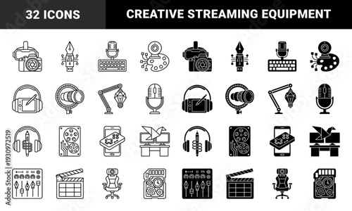 Digital content creation and streaming hybrid icons featuring camera headset microphone and gaming controller merged with creative design tools
