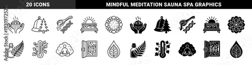 Wellness and Nature Hybrid Icon Set Featuring Sauna Steam Therapy Botanical Infusions DNA Testing and Mindful Meditation Symbols in Dual Linear and Solid Styles