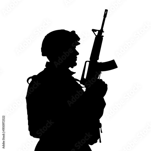 Silhouette of a soldier holding a rifle in profile with gear and helmet against a white background.