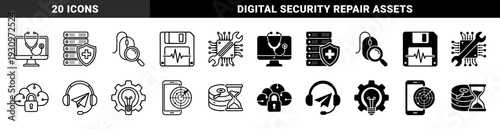 Hybrid technology diagnostic and maintenance icons featuring stethoscope monitor server shield floppy disk pulse wrench chip and cloud lock combinations