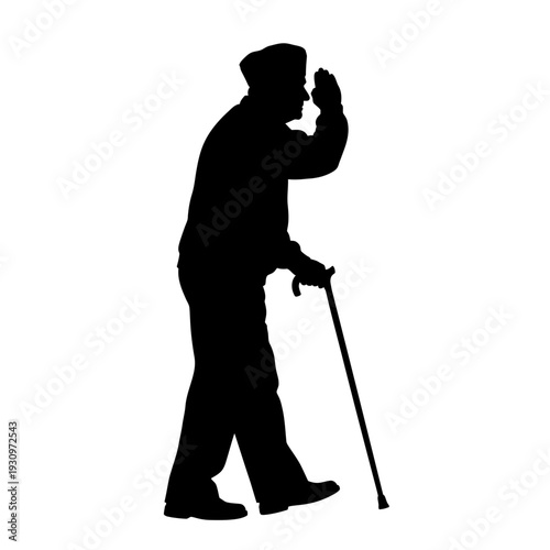 Silhouette of an elderly man walking with a cane and touching his temple.