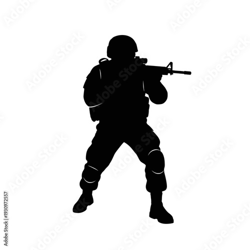 Armed soldier silhouette in combat stance with rifle and tactical gear.