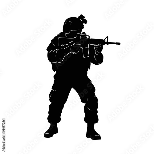 Silhouette of an armed soldier aiming a rifle in a combat stance, depicting military readiness.