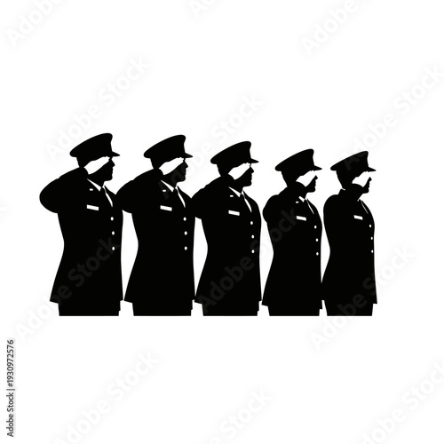 Five silhouetted military officers saluting in a row.